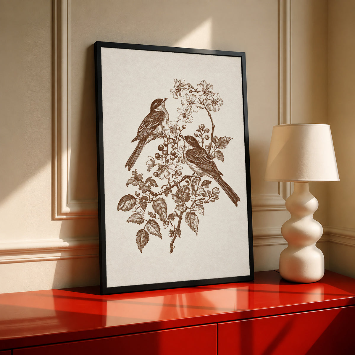 Two birds perched on a flowering branch with leaves and blossoms in sepia in a black frame on a red cabinet beside a cream lamp