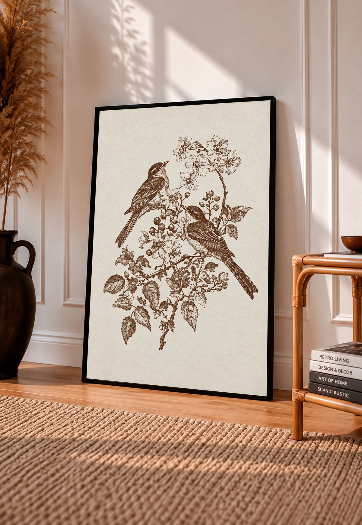 Two birds perched on a flowering branch with leaves and blossoms in sepia in a black frame leaning on a sunlit wooden floor beside books and a rattan seat