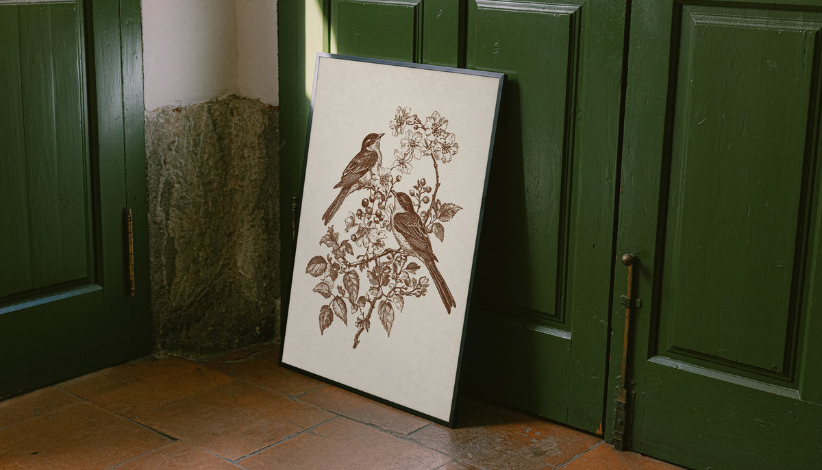 Two birds perched on a flowering branch with leaves and blossoms in sepia as an unframed print leaning against a green panelled door