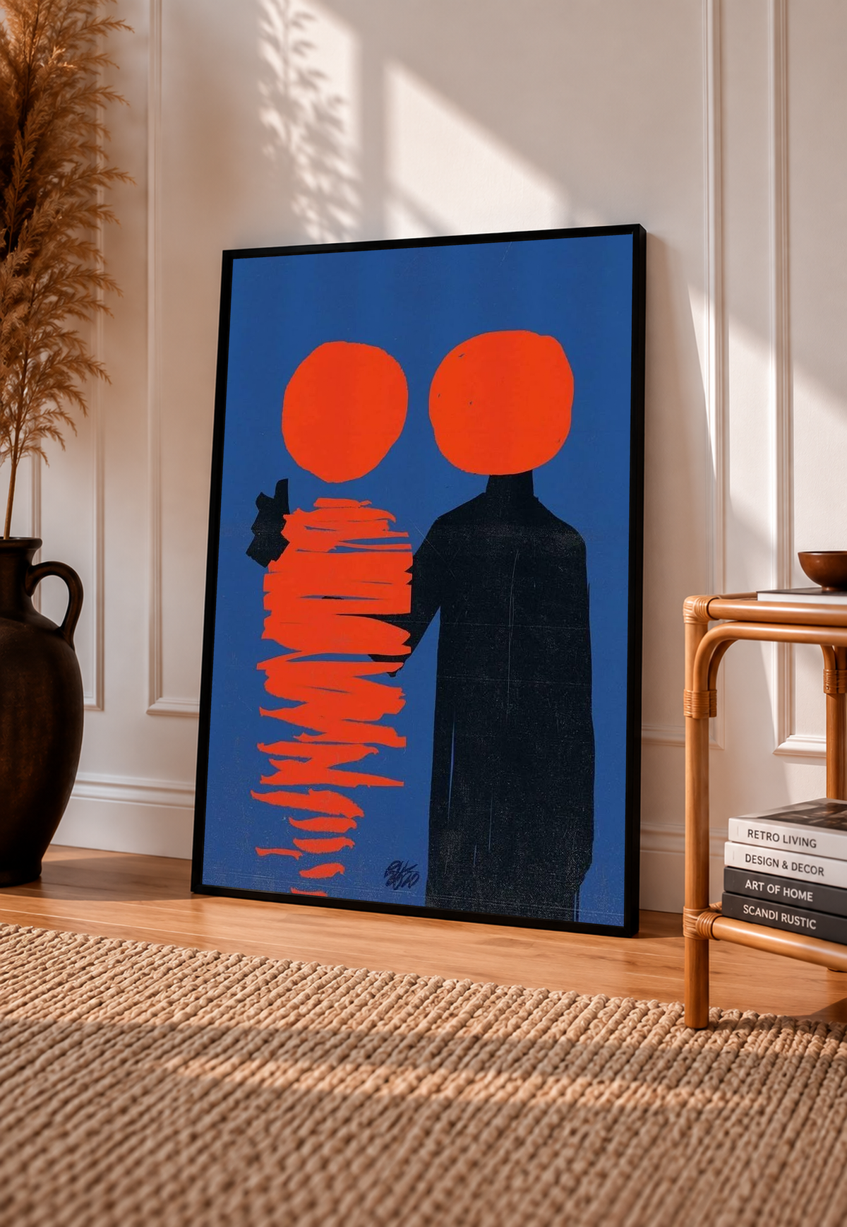 Framed abstract poster with two orange circles, a black figure, and red stacked lines on blue