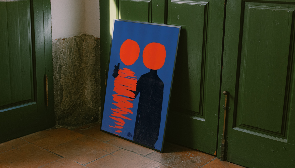Abstract poster with two orange circles, a black figure, and red stacked lines in black frame