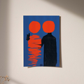 Abstract poster with two orange circles, a black figure, and red stacked lines on blue