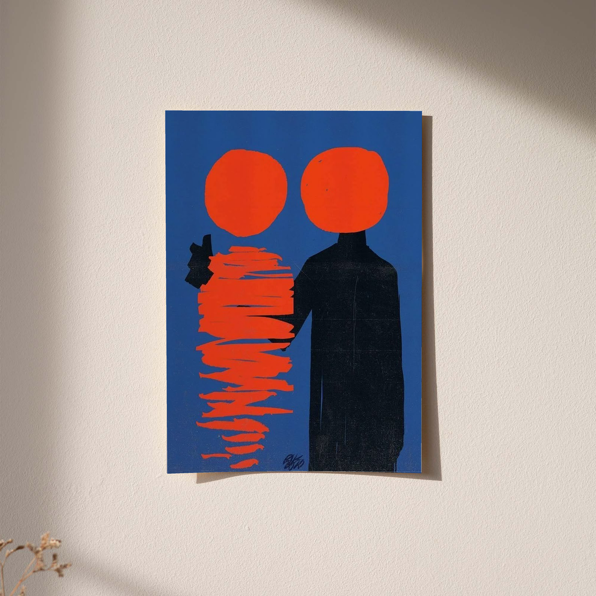 Abstract poster with two orange circles, a black figure, and red stacked lines on blue