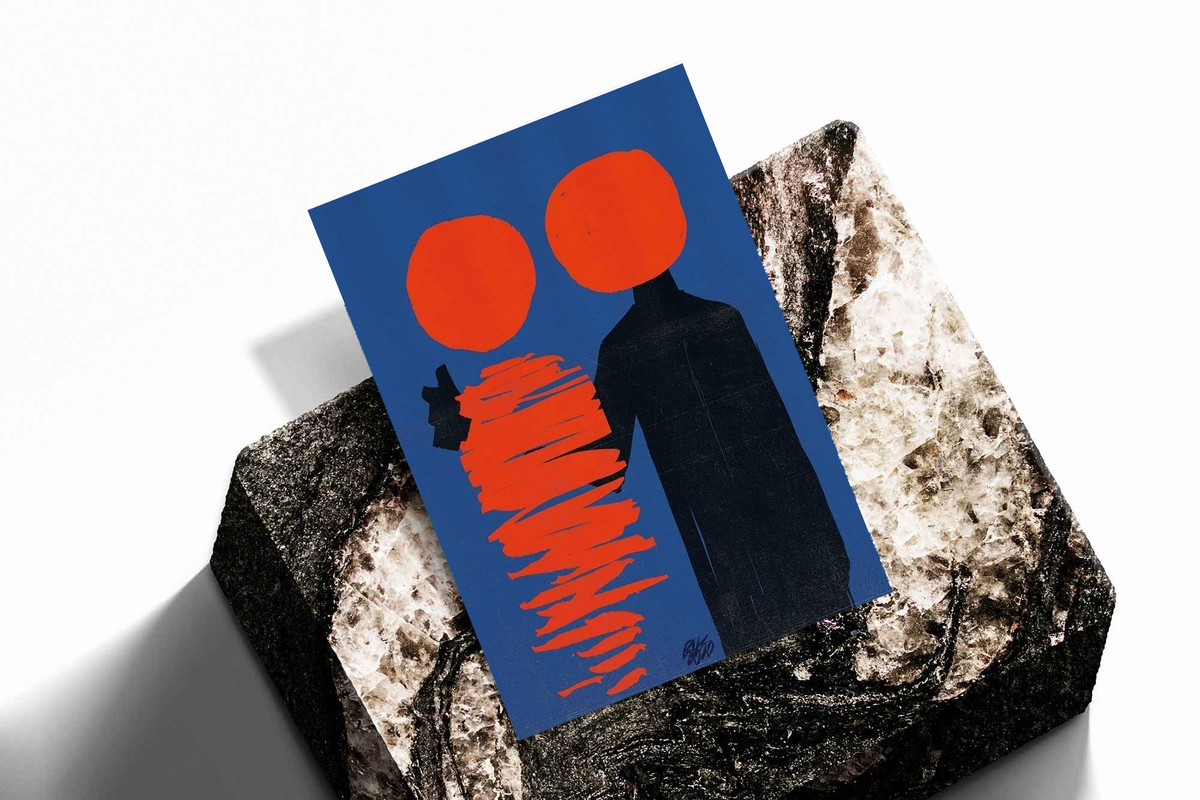 Abstract poster angled on stone: blue background, two orange circles, black figure, red lines