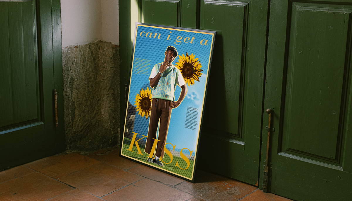 Tyler the Creator portrait collage with sunflowers and Can I Get a Kiss lettering; unframed canvas styled by a green doorway