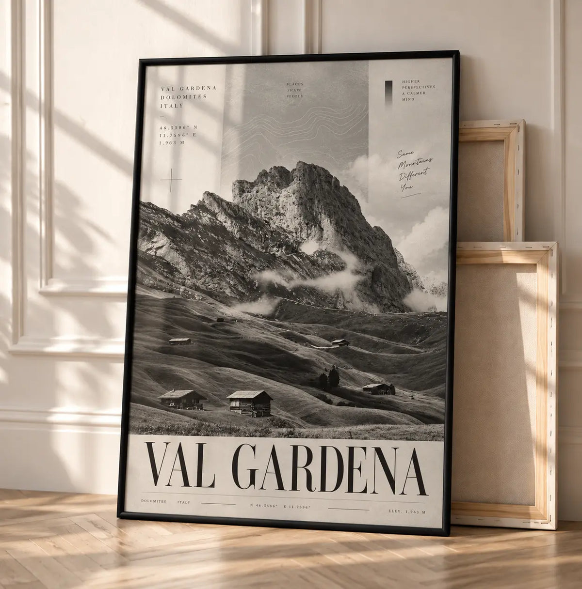 Val Gardena Mountain Poster featuring rugged Dolomites peaks and sweeping alpine valley terrain in dramatic black and white