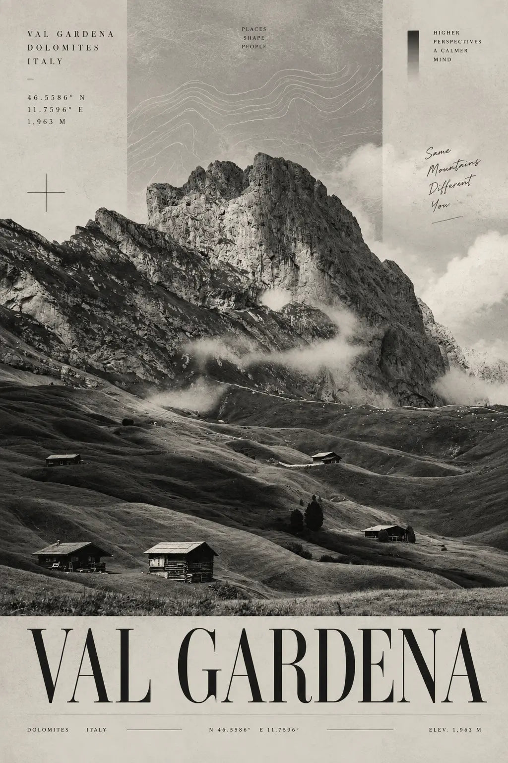 Val Gardena Art Print displayed in a bright modern interior with monochrome alpine scenery and bold destination typography