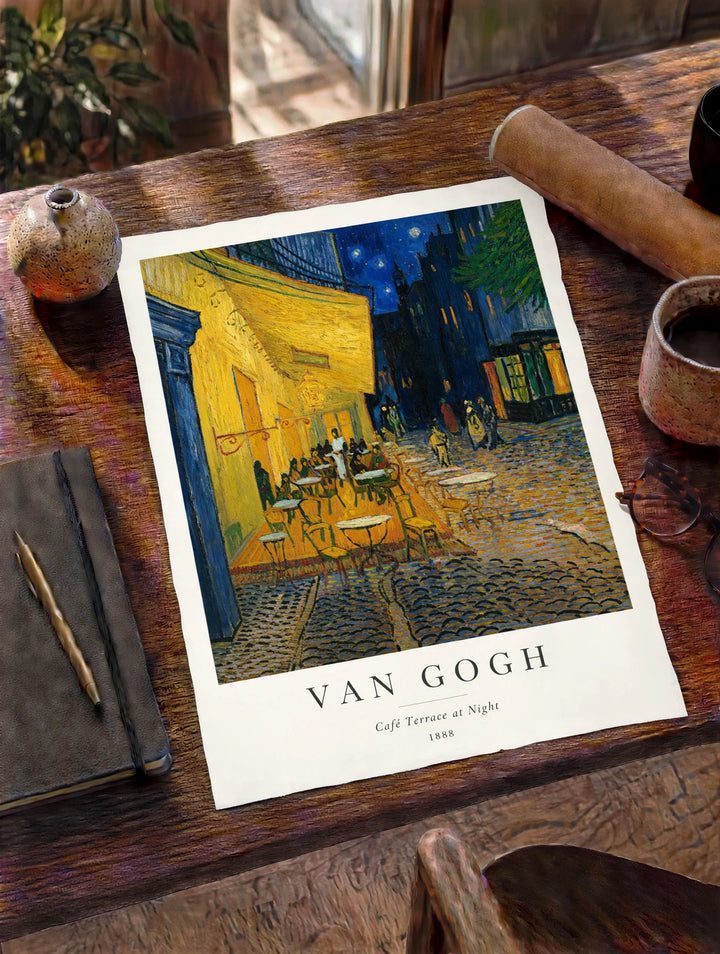 Van Gogh Café Terrace at Night poster print on a table