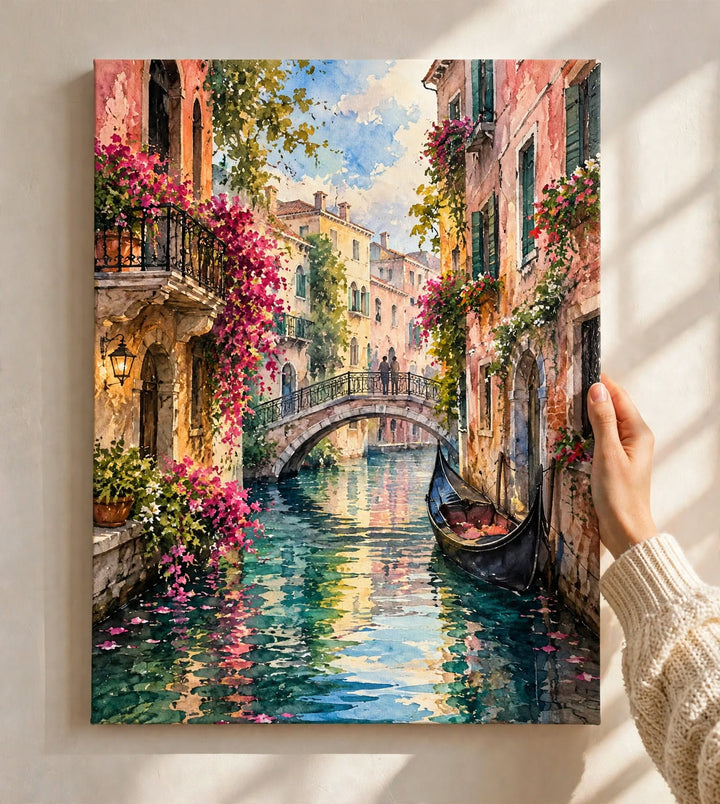 Colorful Street Watercolor Art Print displayed against a bright wall with vibrant old town architecture and reflections