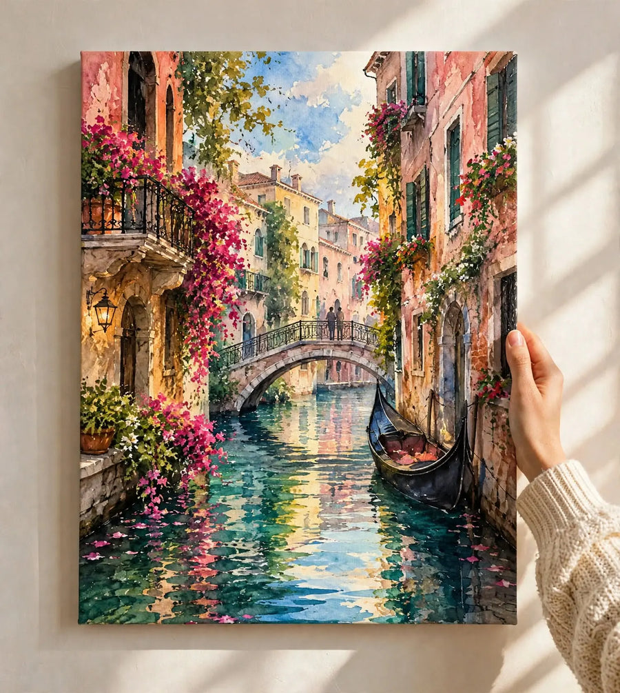 Colorful Street Watercolor Art Print displayed against a bright wall with vibrant old town architecture and reflections