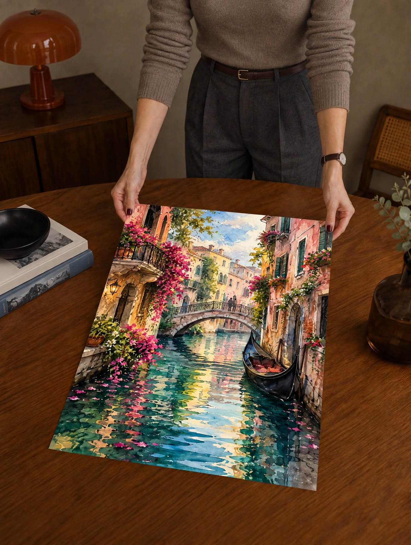 Colorful Street Watercolor Art Print shown as an unframed physical artwork above a dark wooden table