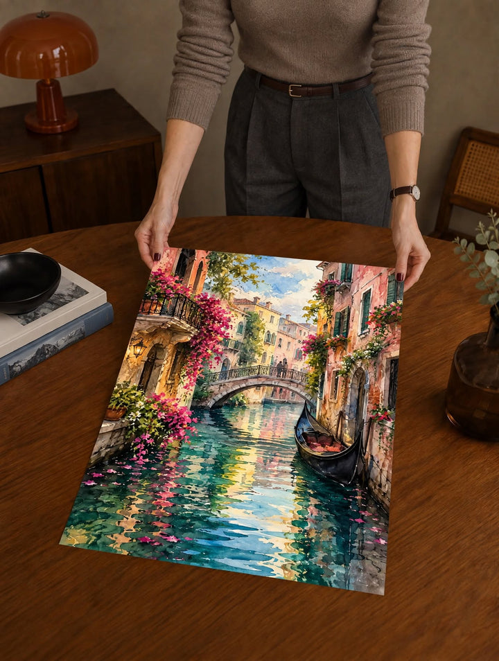 Colorful Street Watercolor Art Print shown as an unframed physical artwork above a dark wooden table