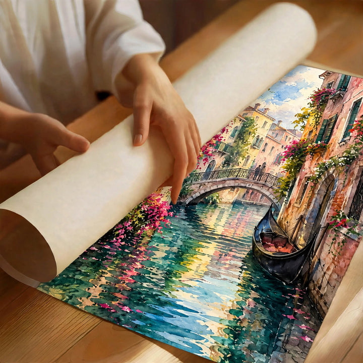 Colorful Street Watercolor Art Print partially rolled to reveal expressive watercolor textures and colorful city details