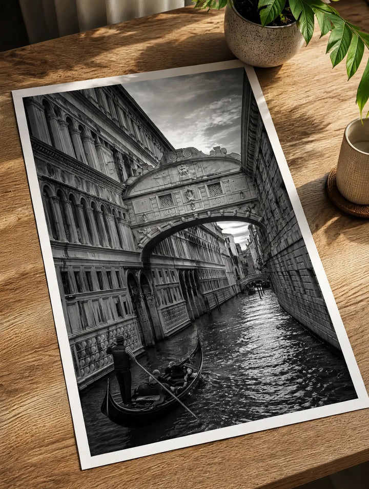 Black and White Architecture Art Print showing detailed stone architecture along a narrow city street