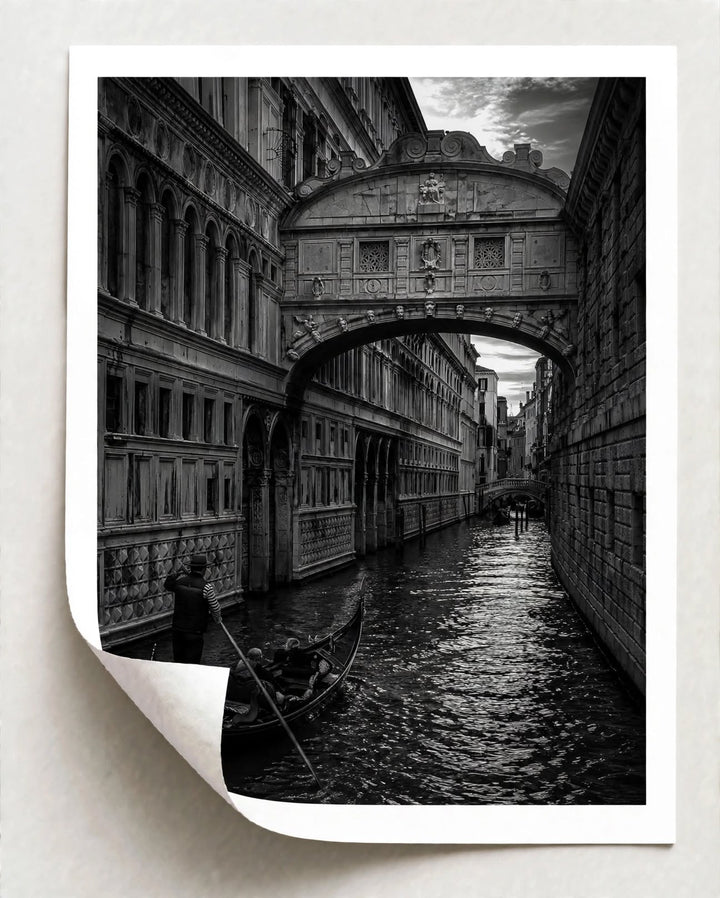 Black and White Architecture Art Print featuring textured building facades and a shadowy historic passage