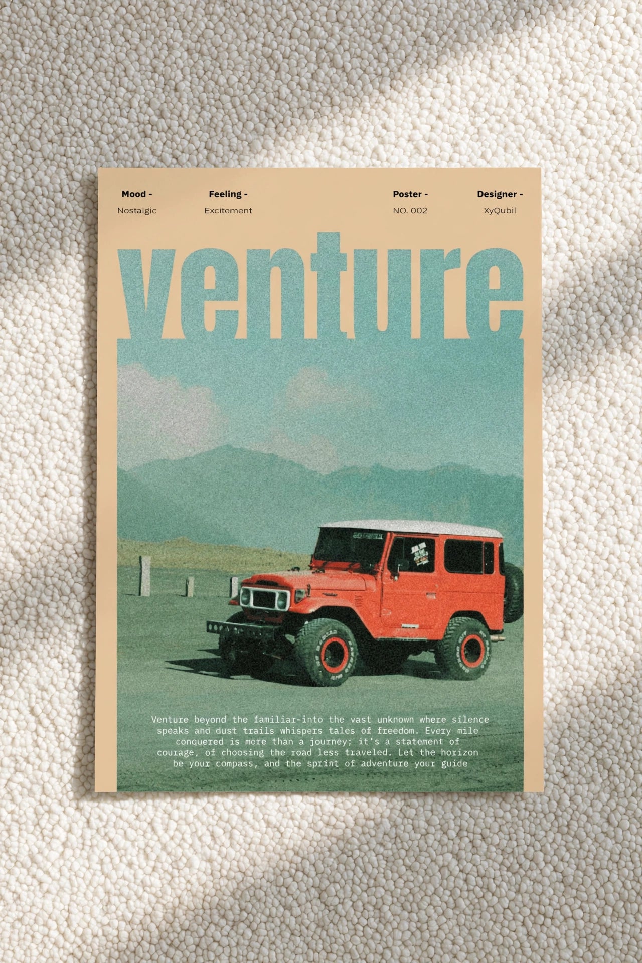 Road trip poster with “Venture” title, red SUV, mountains and teal sky