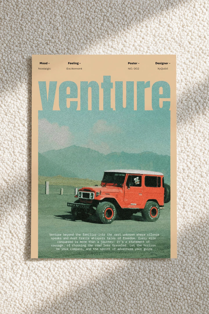 Road trip poster with “Venture” title, red SUV, mountains and teal sky