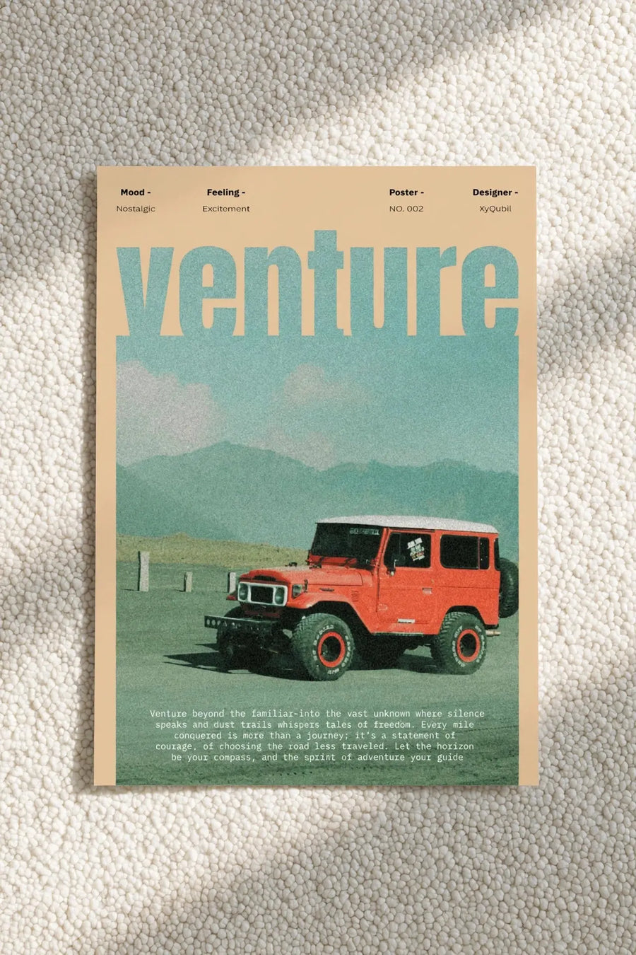 Road trip poster with “Venture” title, red SUV, mountains and teal sky
