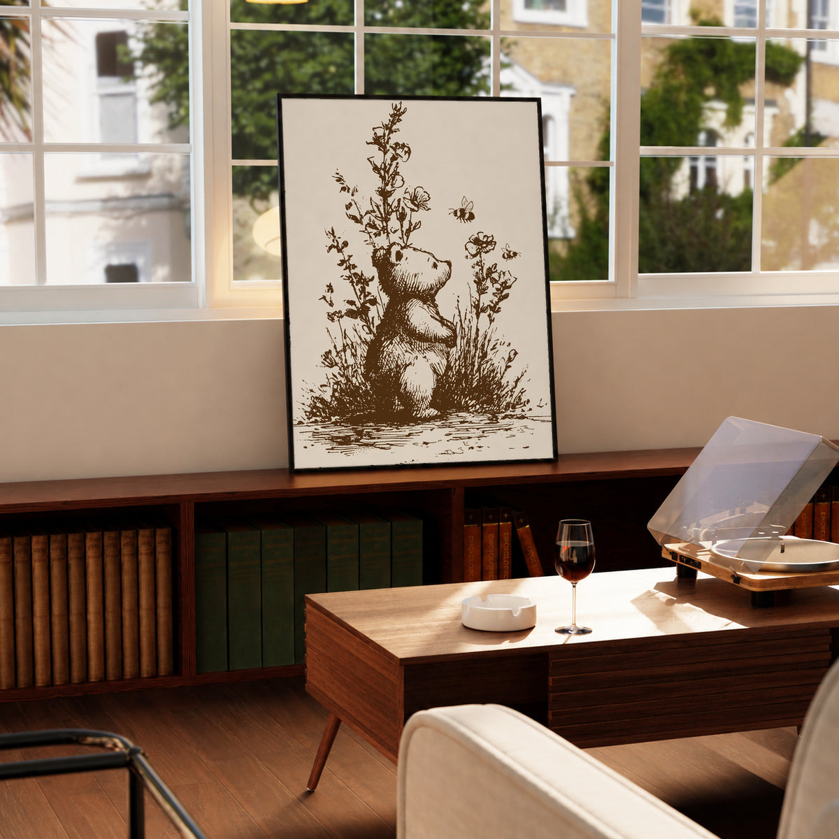 Framed bear and bees art print with wildflower stems, sepia ink, black border.
