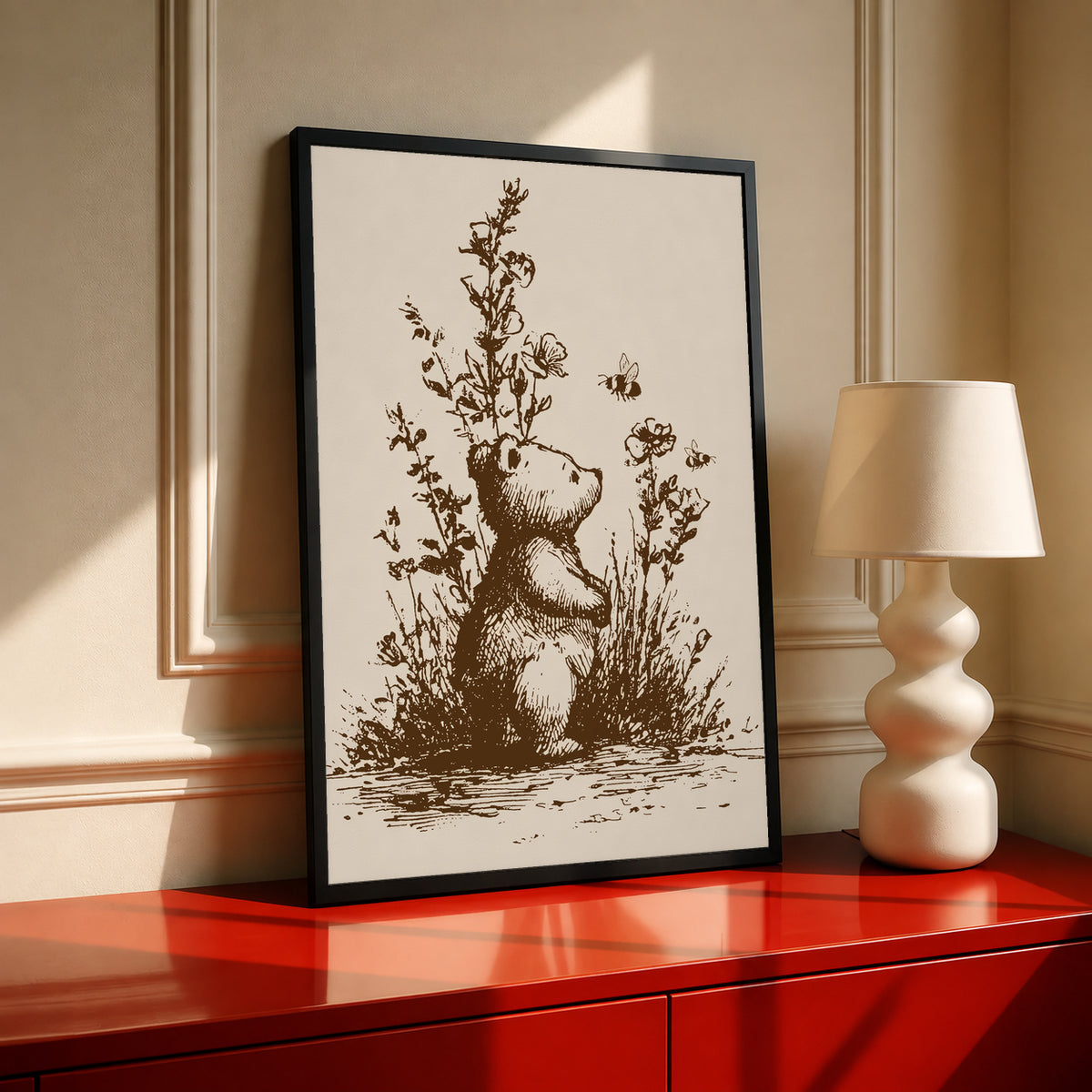 Framed bear and bees art print with tall stems, sepia illustration, black border.