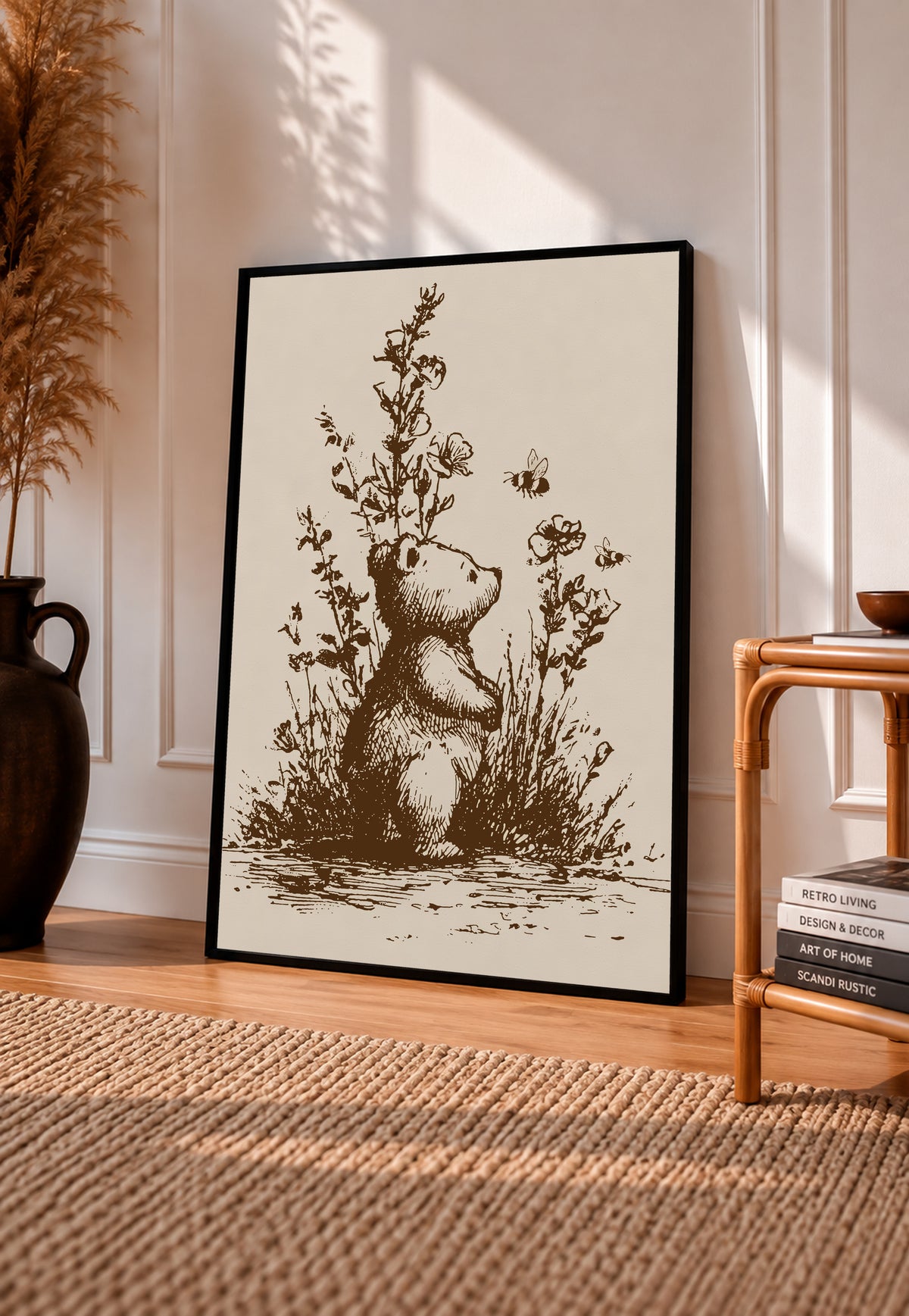 Framed vintage bear and bee art print with wildflower stems, sepia ink, black border.