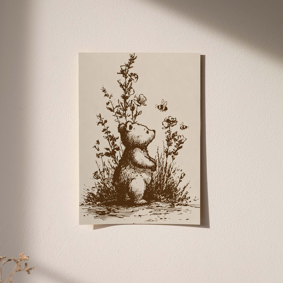 Bear and bee art print with wildflower stems, sepia ink on cream background.