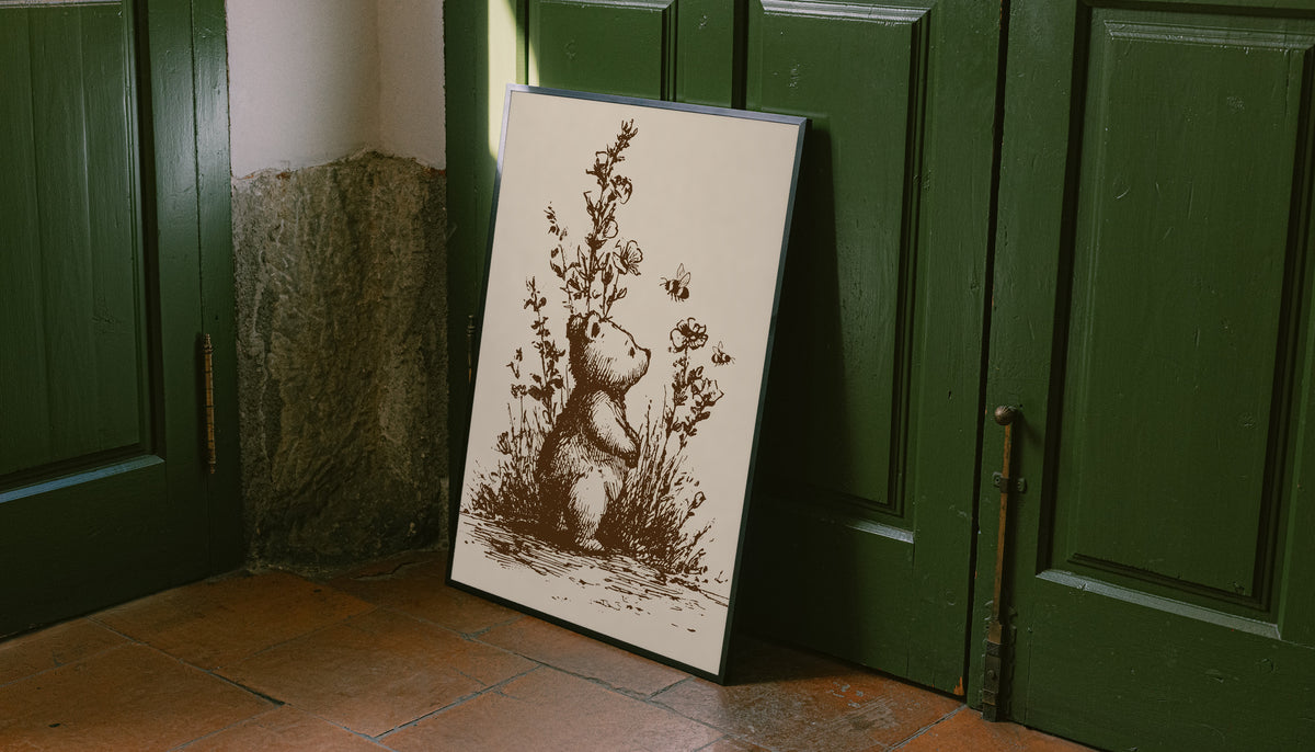Framed bear and bees art print with wildflowers, sepia illustration, light frame.