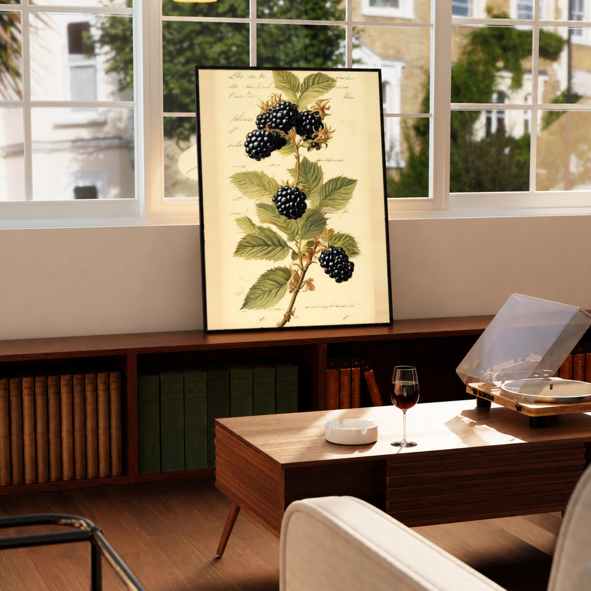 Dark blackberry clusters and serrated green leaves on a branch with notes on aged cream in a black frame on a wooden cabinet beside a window and record player