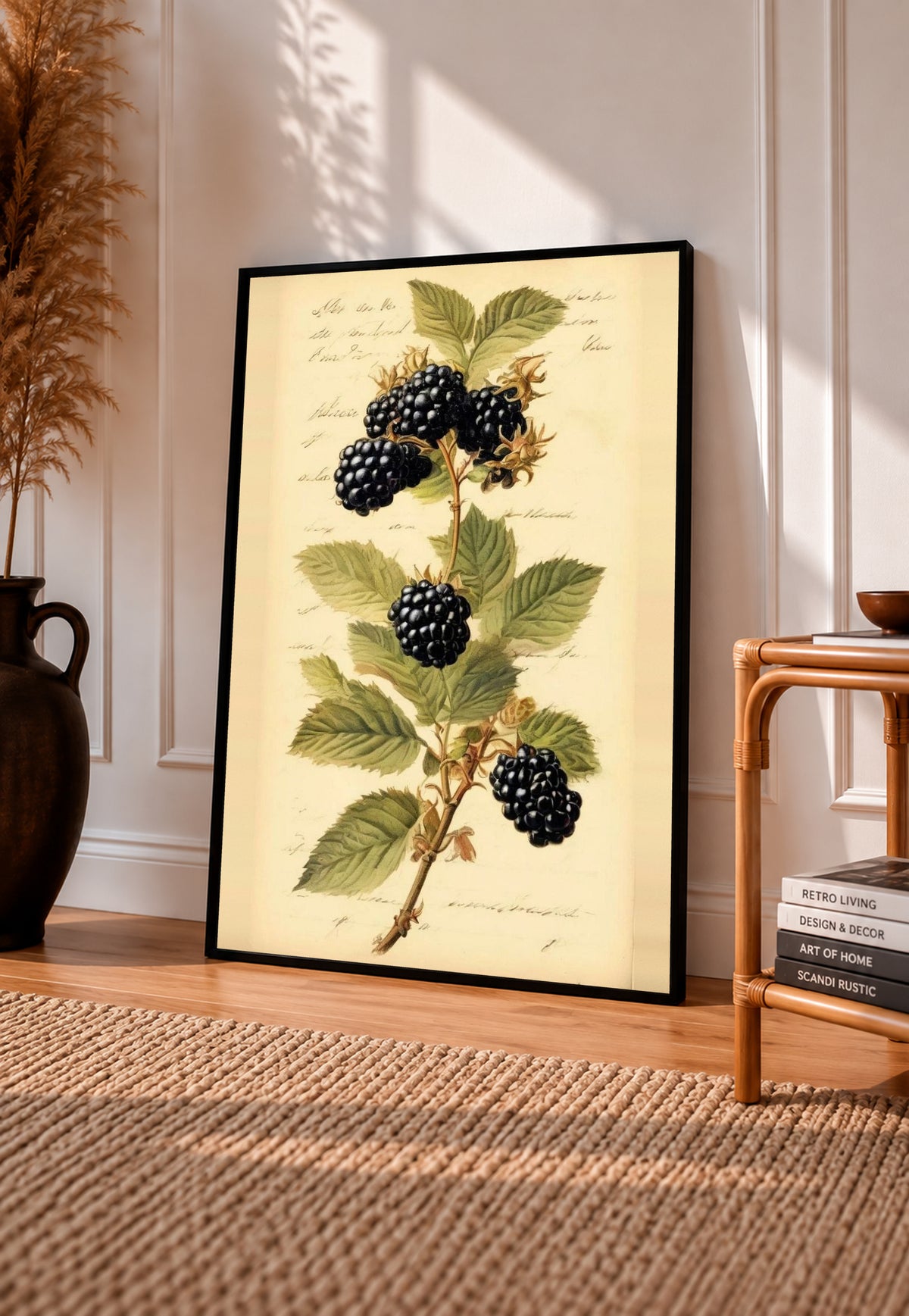 Dark blackberry clusters and serrated green leaves on a branch with notes on aged cream in a black frame leaning on a sunlit wooden floor beside books and a rattan seat