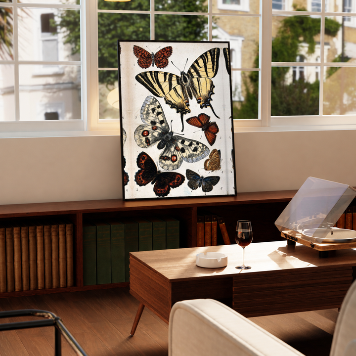 Vintage Butterfly Specimen Poster in a black frame near a window and wooden table in a sunlit sitting room.