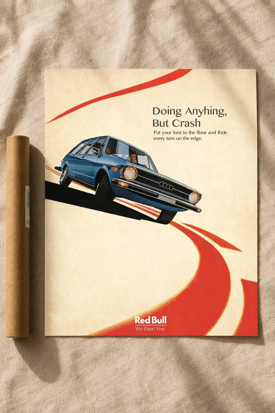 Retro car ad poster: blue car, red swirls, slogan text on beige