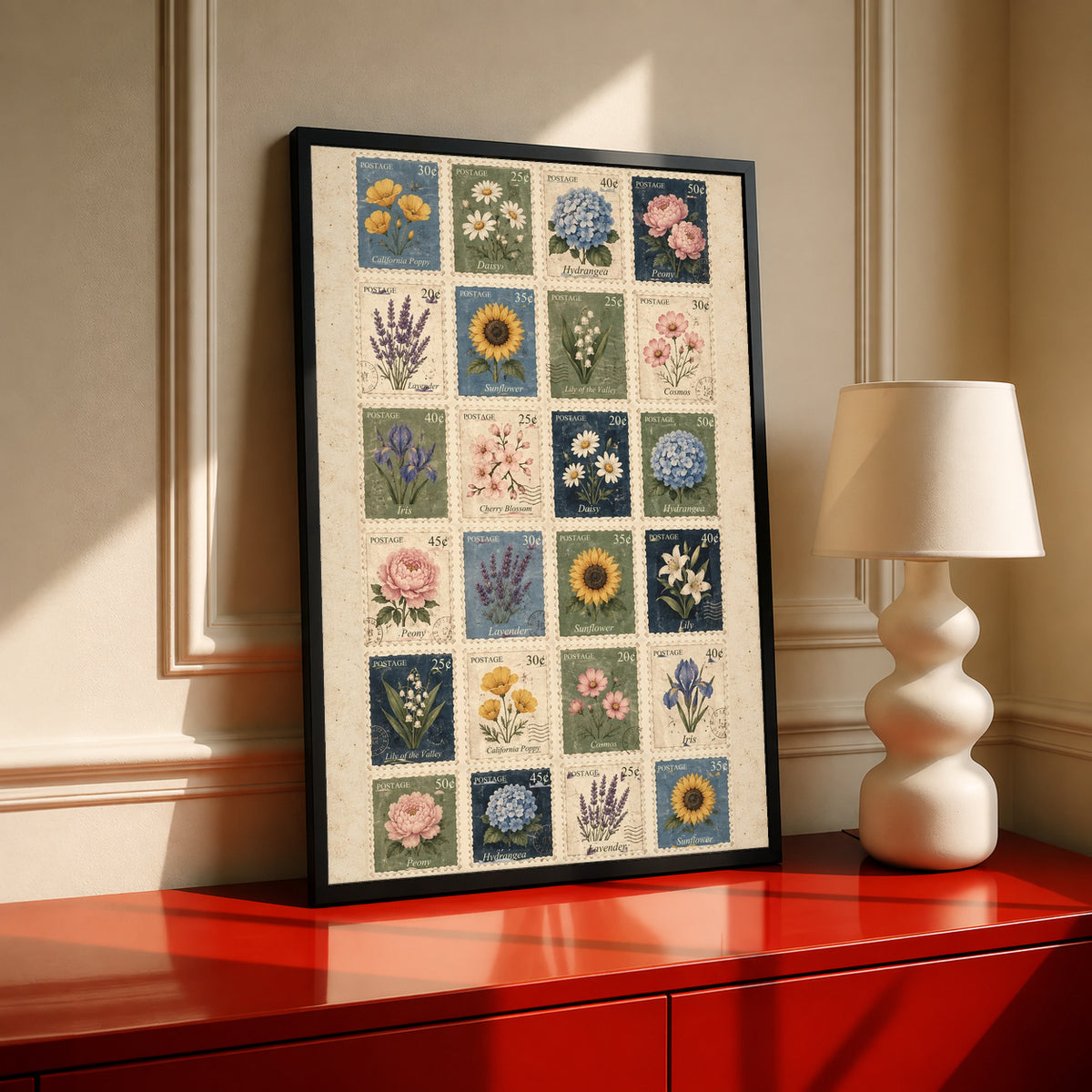 Grid of twenty four illustrated floral postage stamps in muted garden colours in a black frame on a red cabinet beside a cream lamp