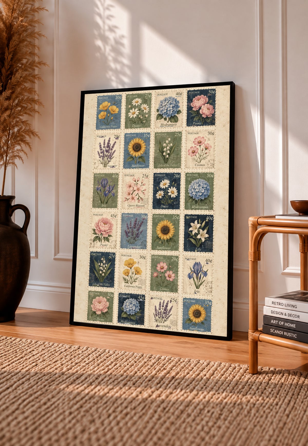 Grid of twenty four illustrated floral postage stamps in muted garden colours in a black frame leaning on a sunlit wooden floor beside books and a rattan seat