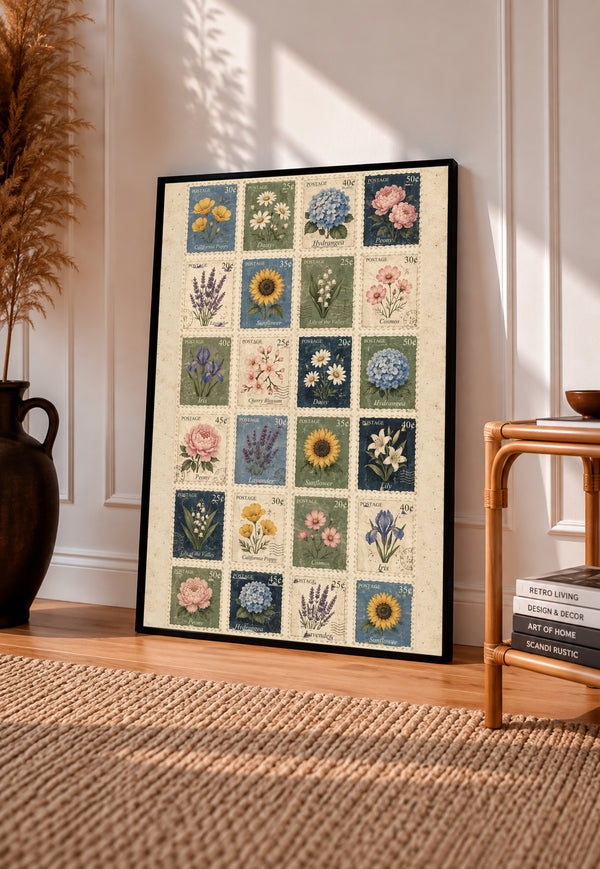 Grid of twenty four illustrated floral postage stamps in muted garden colours in a black frame leaning on a sunlit wooden floor beside books and a rattan seat