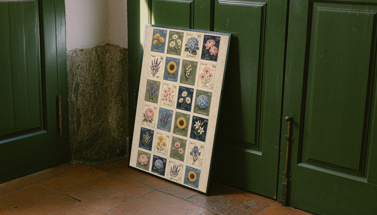 Grid of twenty four illustrated floral postage stamps in muted garden colours as an unframed print leaning against a green panelled door