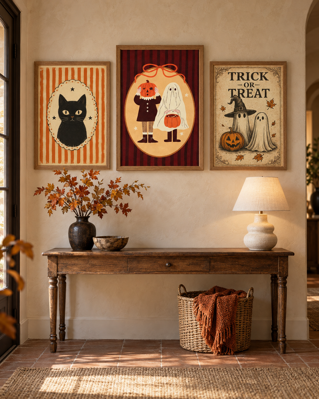 Set of three framed Halloween wall prints: black cat, ghost, and trick-or-treat