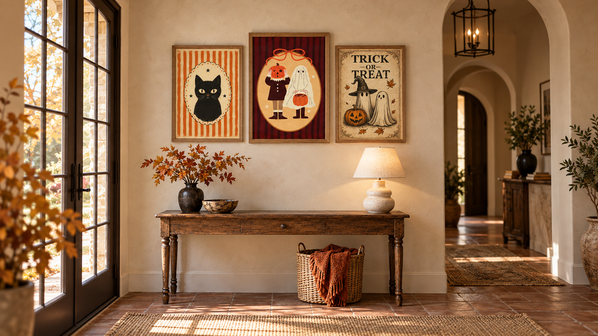 Set of three framed Halloween wall prints with black cat, ghost, and pumpkins