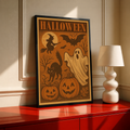 Halloween framed poster with witch, ghost, bats, and jack-o’-lanterns, black border frame