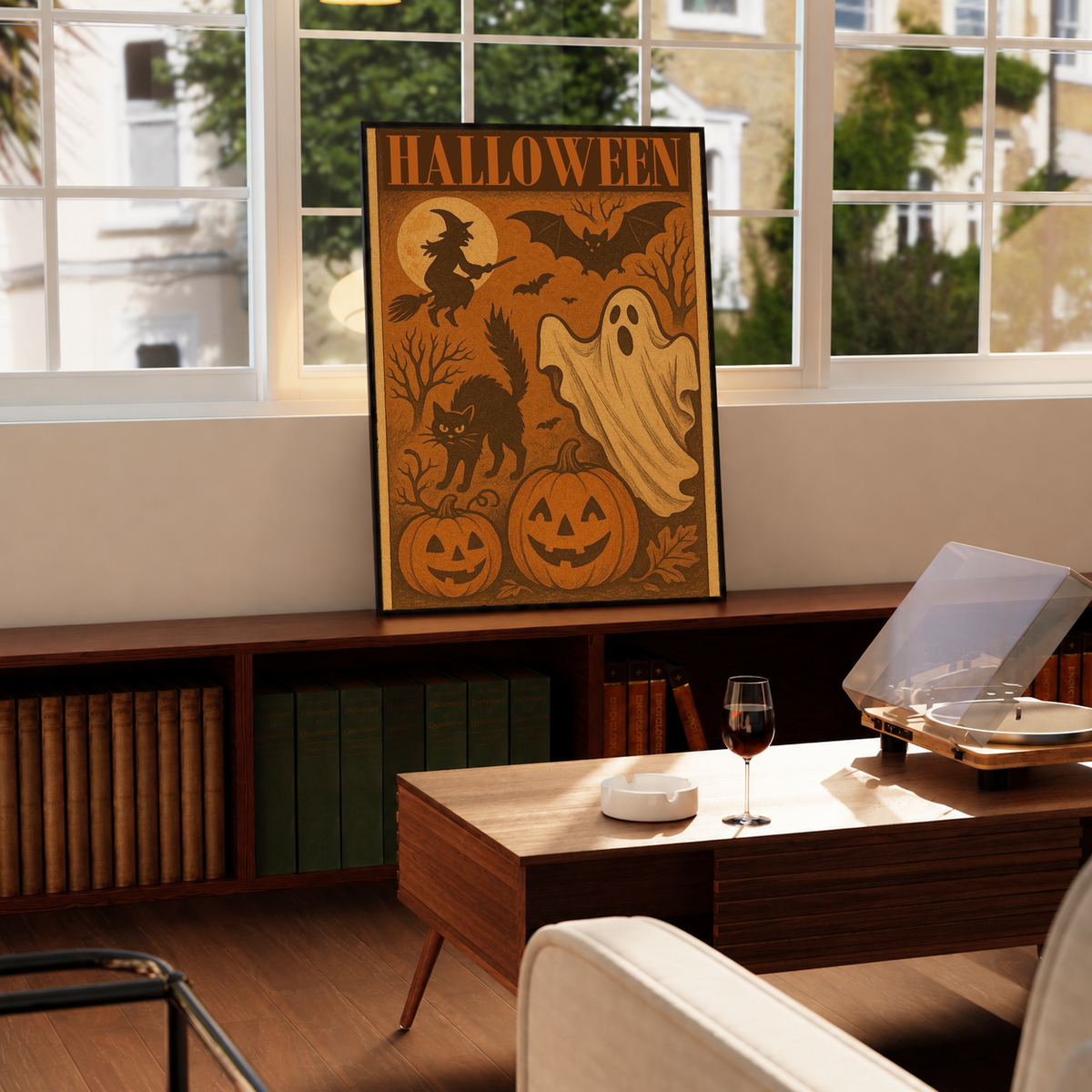 Halloween framed poster with witch, ghost, bats, and jack-o’-lanterns