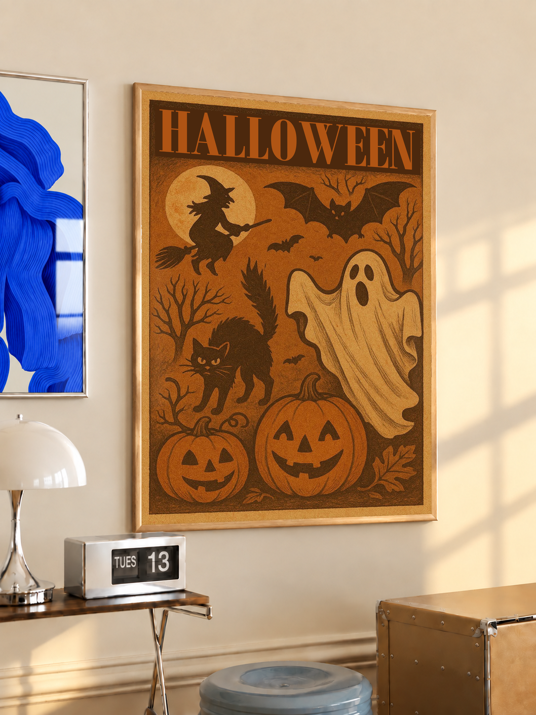 Halloween framed poster with witch, ghost, bats, and jack-o’-lanterns, wooden frame