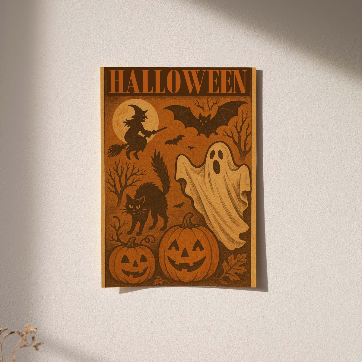 Halloween framed poster with witch, ghost, bats, and jack-o’-lanterns, wall display