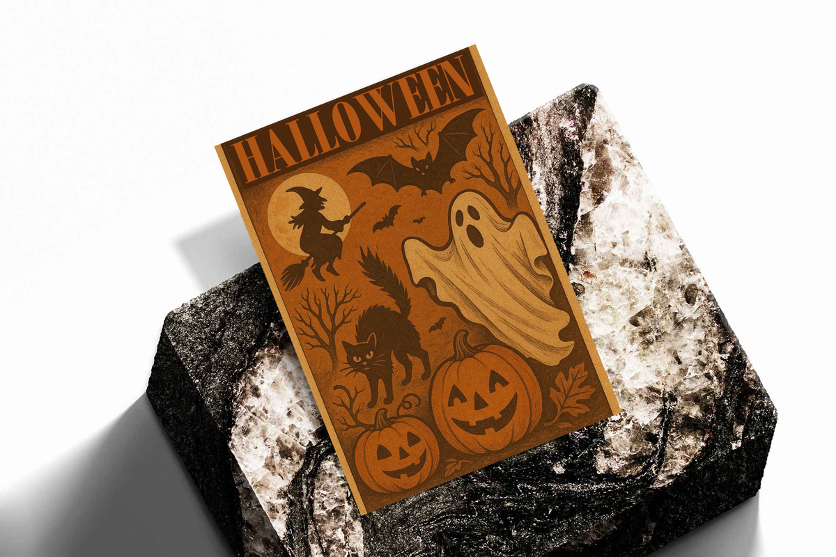 Halloween poster with witch, ghost, bats, and pumpkins placed on textured stone