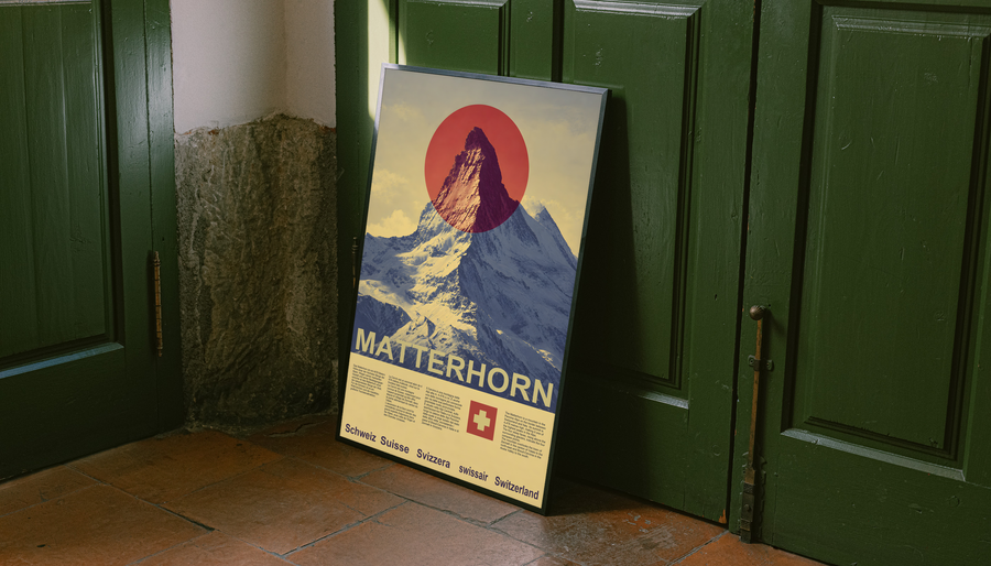 Framed vintage Matterhorn poster leaning against green door, with red sun and Swiss cross