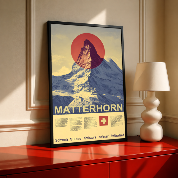 Framed vintage Matterhorn travel poster with red sun, mountain illustration, and Swiss cross