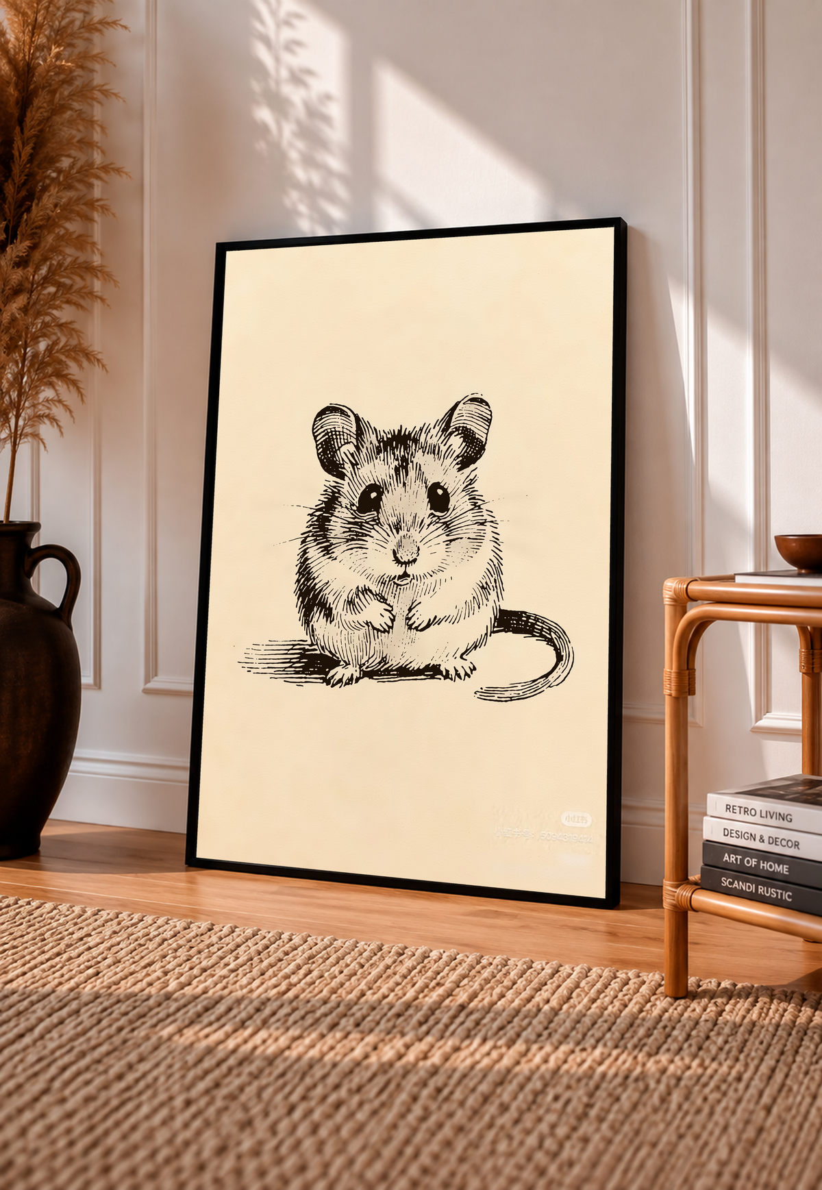 Vintage black ink mouse sketch on warm cream in a black frame, leaning beside books and a rattan chair on a sunlit wooden floor