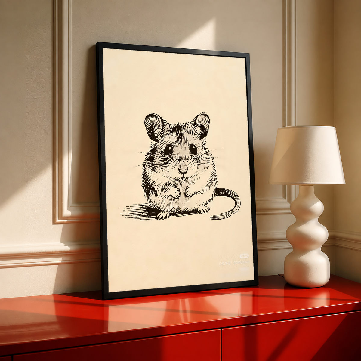 Vintage mouse sketch art print on cream in a black frame above a red cabinet beside a white table lamp