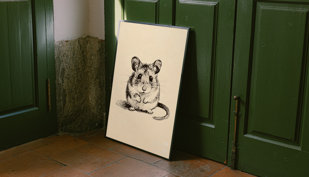 Mouse ink illustration on warm cream displayed as an unframed canvas leaning against dark green doors