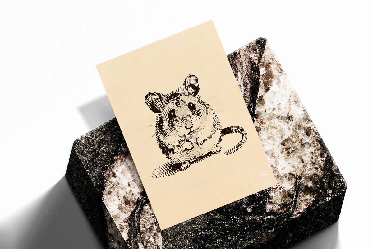 Unframed vintage mouse art print on warm cream paper resting on a dark textured stone display