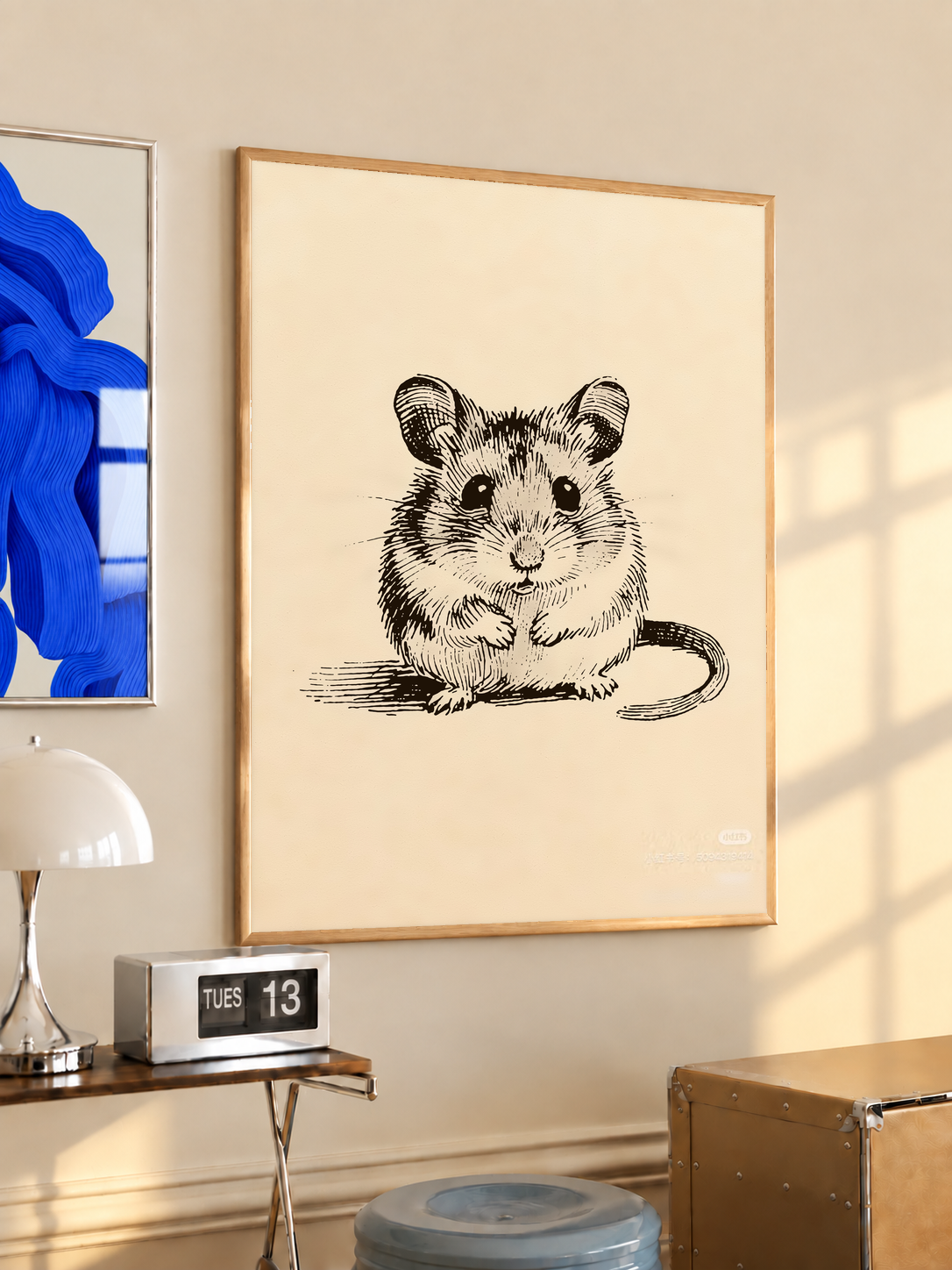 Vintage mouse sketch on cream in a light oak frame on a sunlit neutral wall above a desk