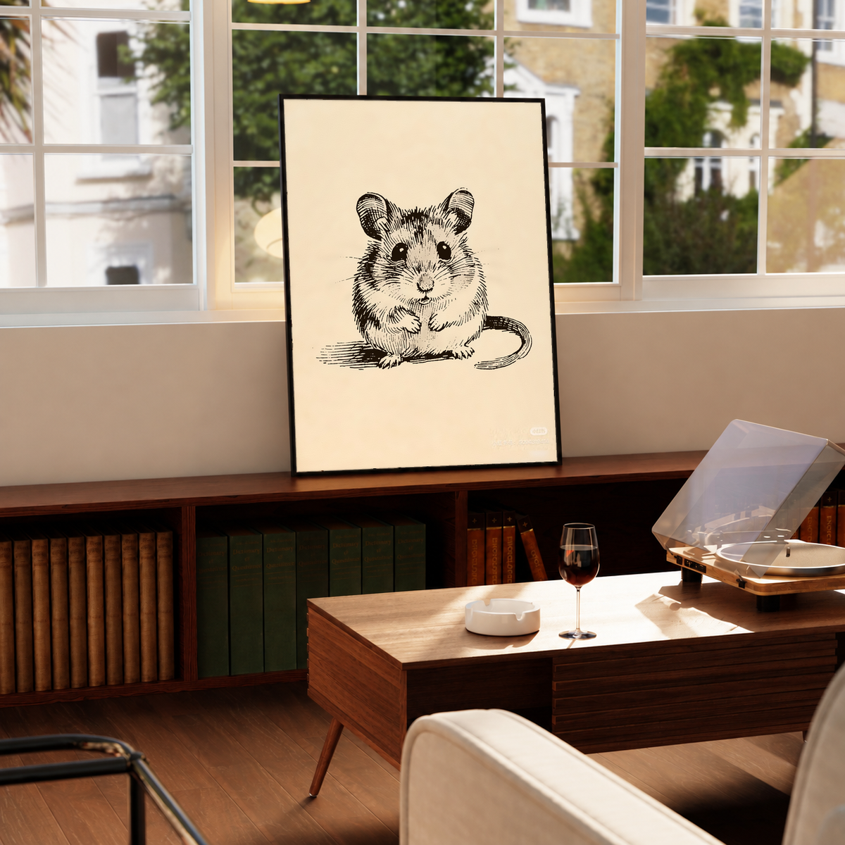 Vintage mouse sketch on cream in a black frame on a wooden table beside a record player and large windows
